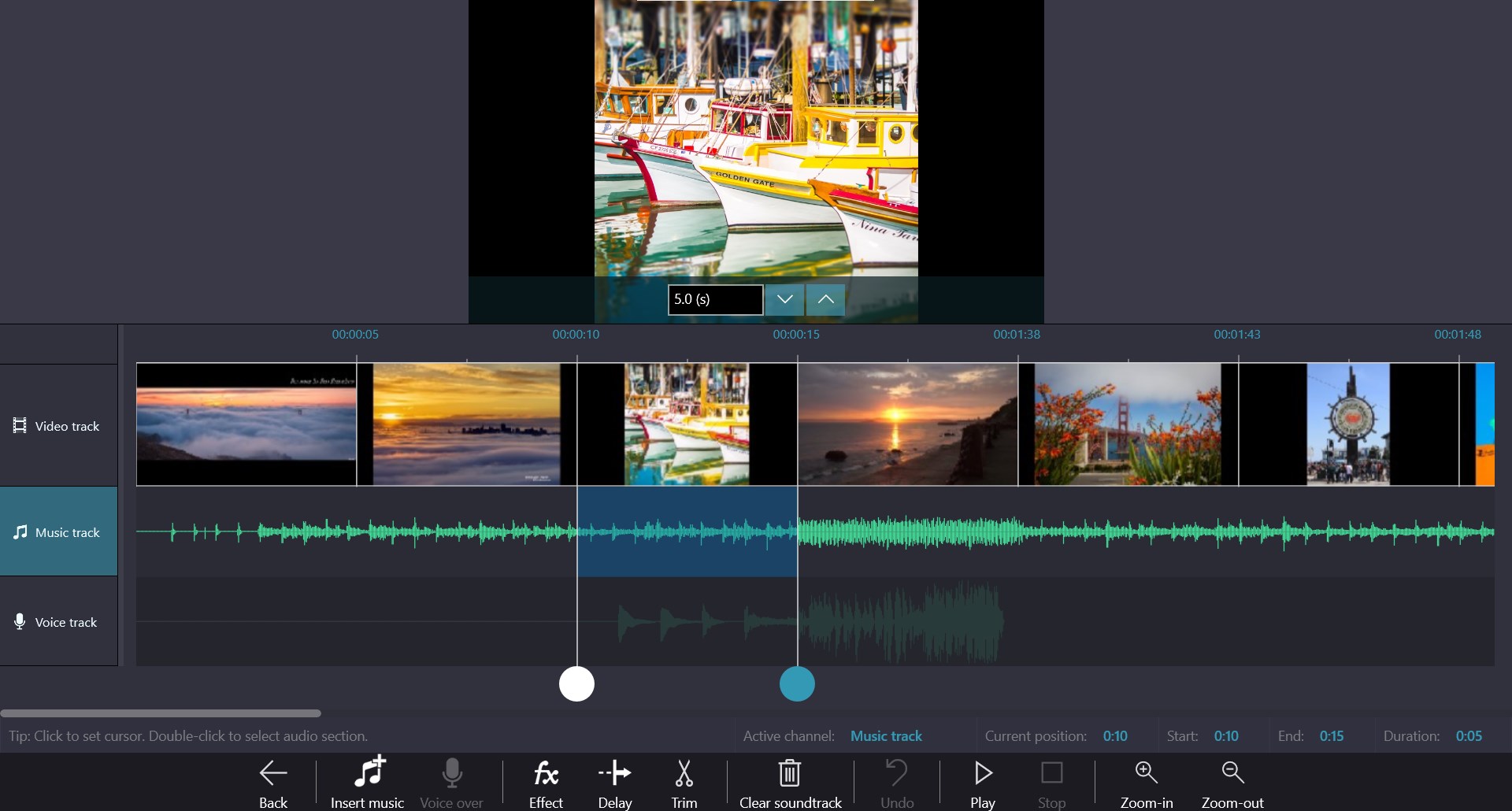 Movie Maker Free multi-track timeline with video, music and voice tracks