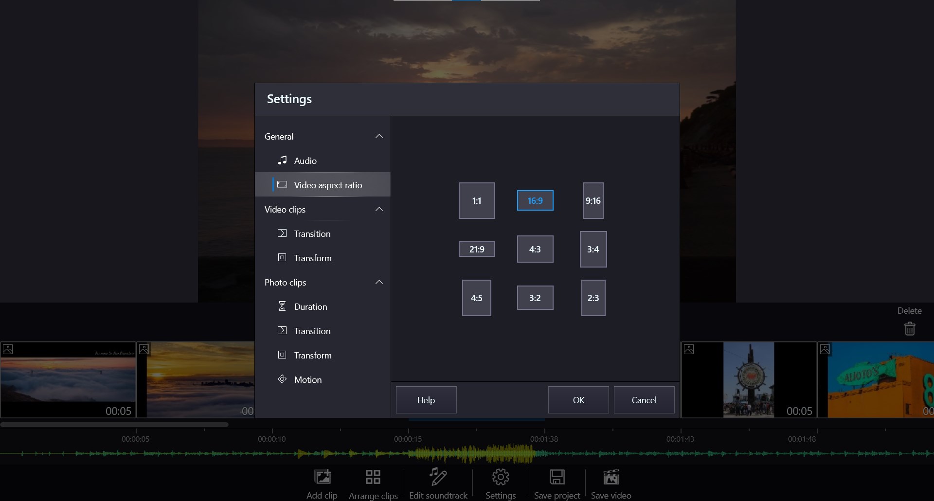 Movie Maker Free aspect ratio settings for YouTube, TikTok, Instagram